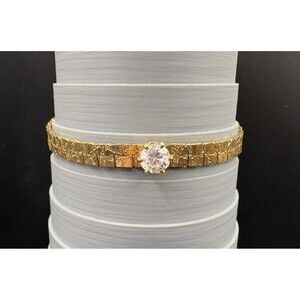Gold Toned Flat Nugget 7" Textured Bracelet with Rhinestone